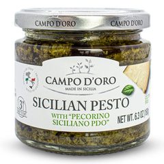 CAMPO D'ORO Basil Pesto with Pecorino jar delivers authentic Sicilian flavor for pasta.