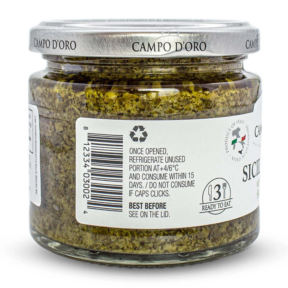 CAMPO D'ORO creamy basil pesto jar enhances lasagna, gnocchi, and bruschetta.