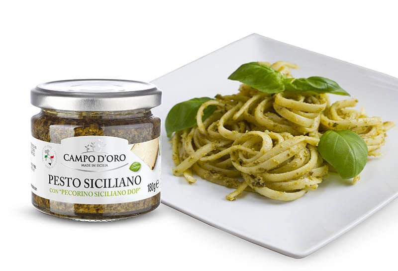 CAMPO D'ORO pesto on pasta or gnocchi creates vibrant, savory dishes.