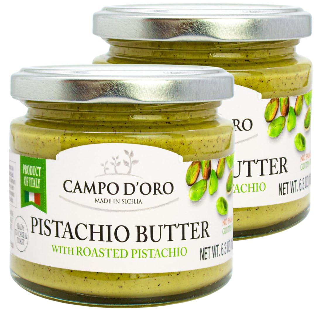 Campo D'Oro pistachio cream butter jar open, rich and creamy spread for indulgent treats.