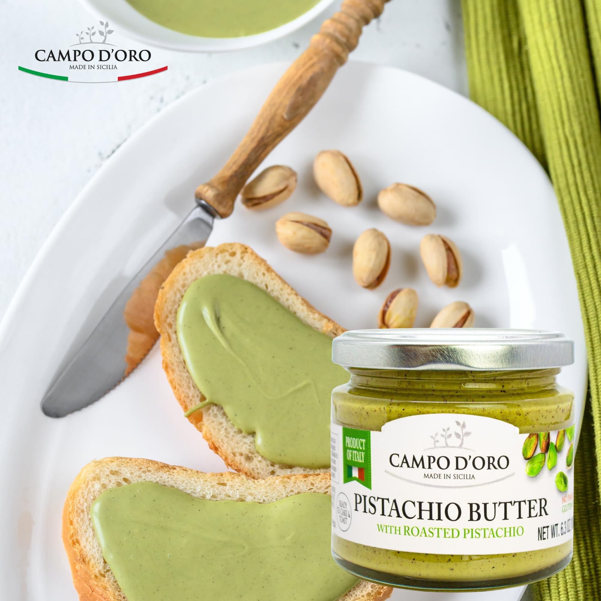 Campo D'Oro pistachio cream butter packaging emphasizes value and convenience.