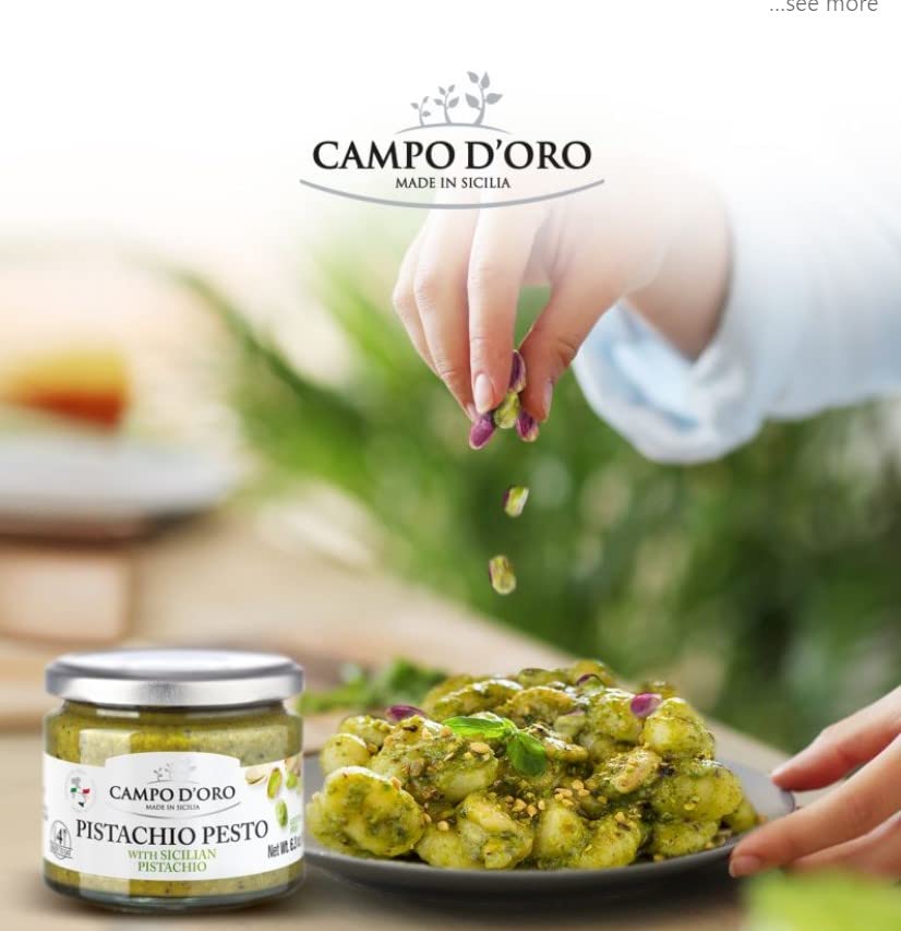 Campo D'Oro Pistachio Pesto Paste jar celebrates Sicilian heritage.