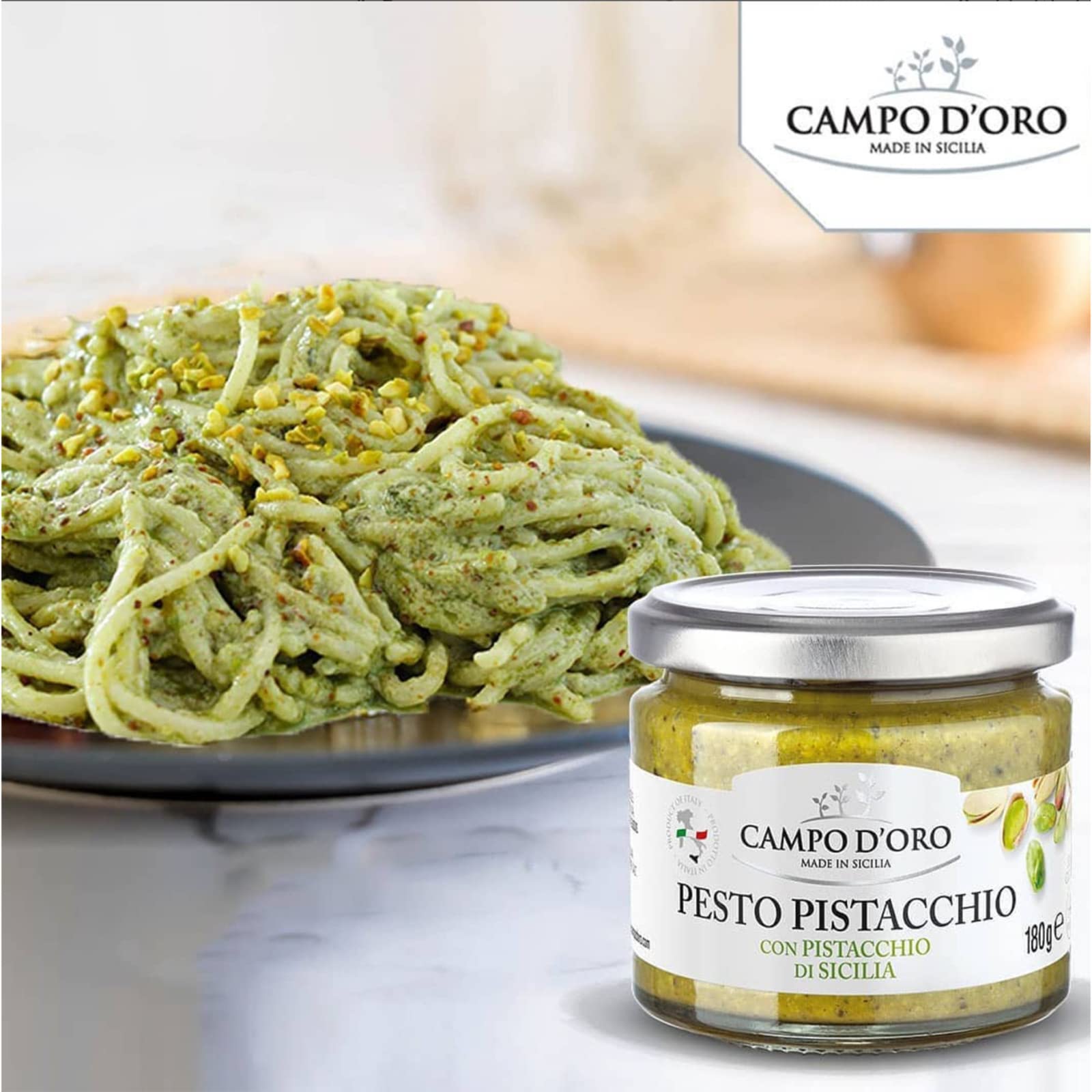 Campo D'Oro Pistachio Pesto used as topping on grilled meats.