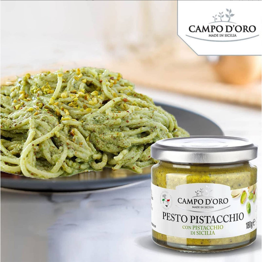 Campo D'Oro Pistachio Pesto used as topping on grilled meats.