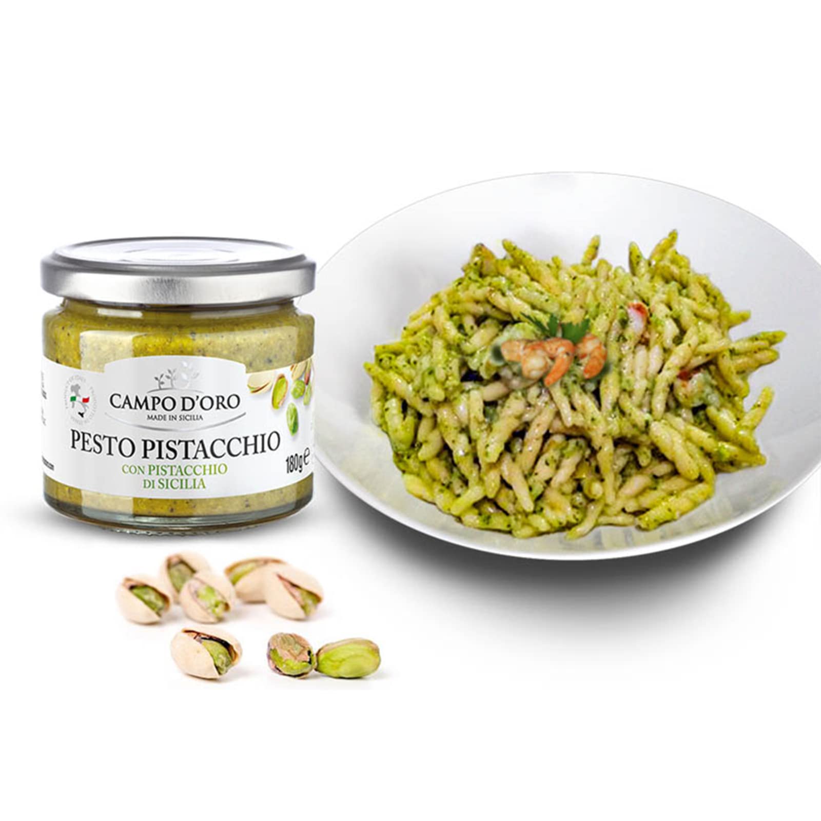 Campo D'Oro Pistachio Pesto Tossed with pasta for silky coating.
