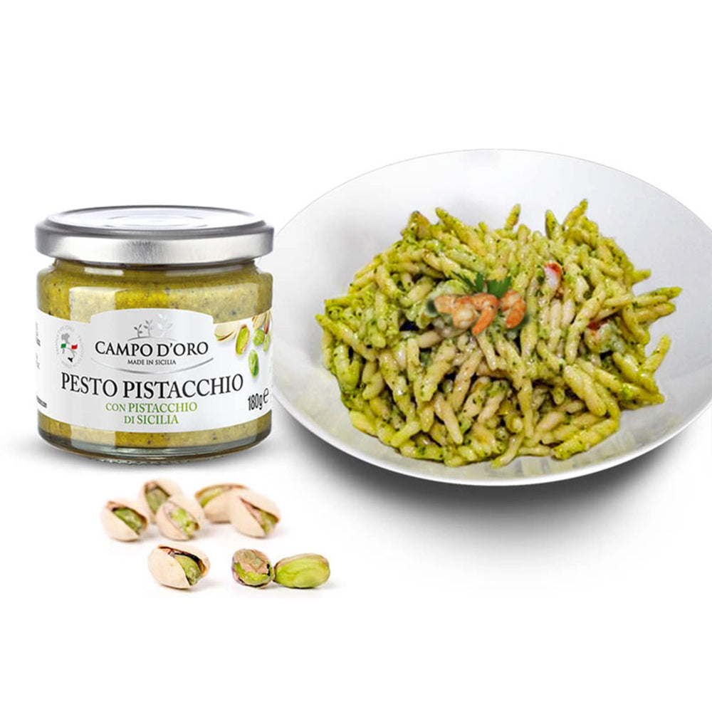 Campo D'Oro Pistachio Pesto Tossed with pasta for silky coating.