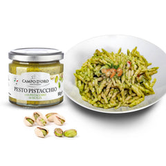 Campo D'Oro Pistachio Pesto Tossed with pasta for silky coating.