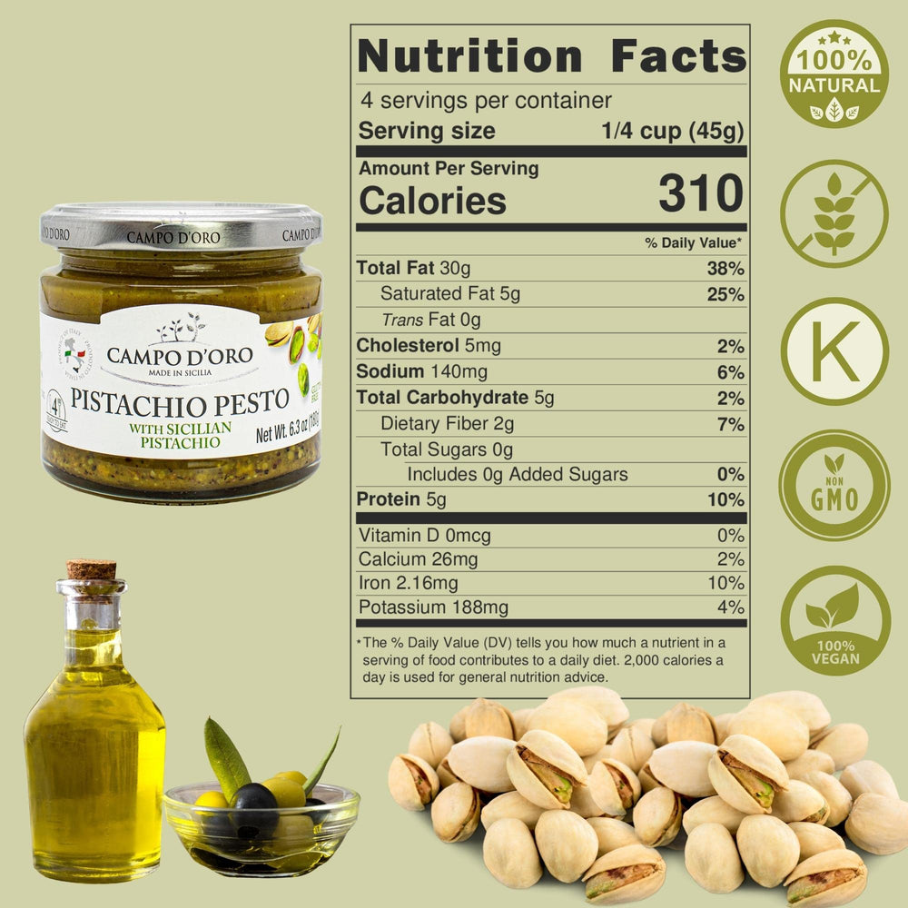 Campo D'Oro Pistachio Pesto Spread atop bread with a light drizzle.