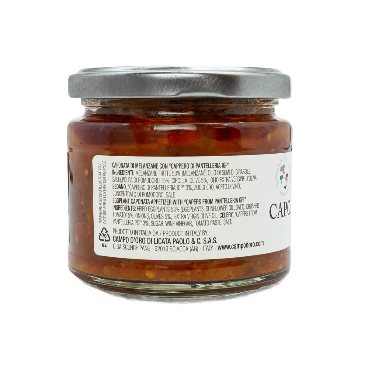 CAMPO D'ORO caponata ingredients including eggplant, tomatoes, olives, capers.