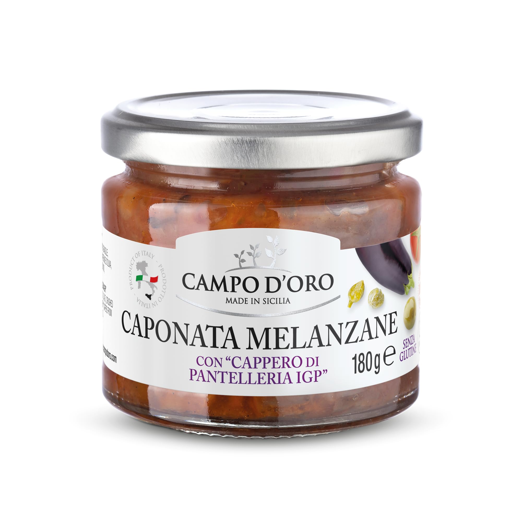 CAMPO D'ORO Sicilian Eggplant Caponata in a glass jar, ideal for antipasto.