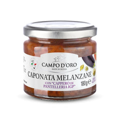 CAMPO D'ORO Sicilian Eggplant Caponata in a glass jar, ideal for antipasto.