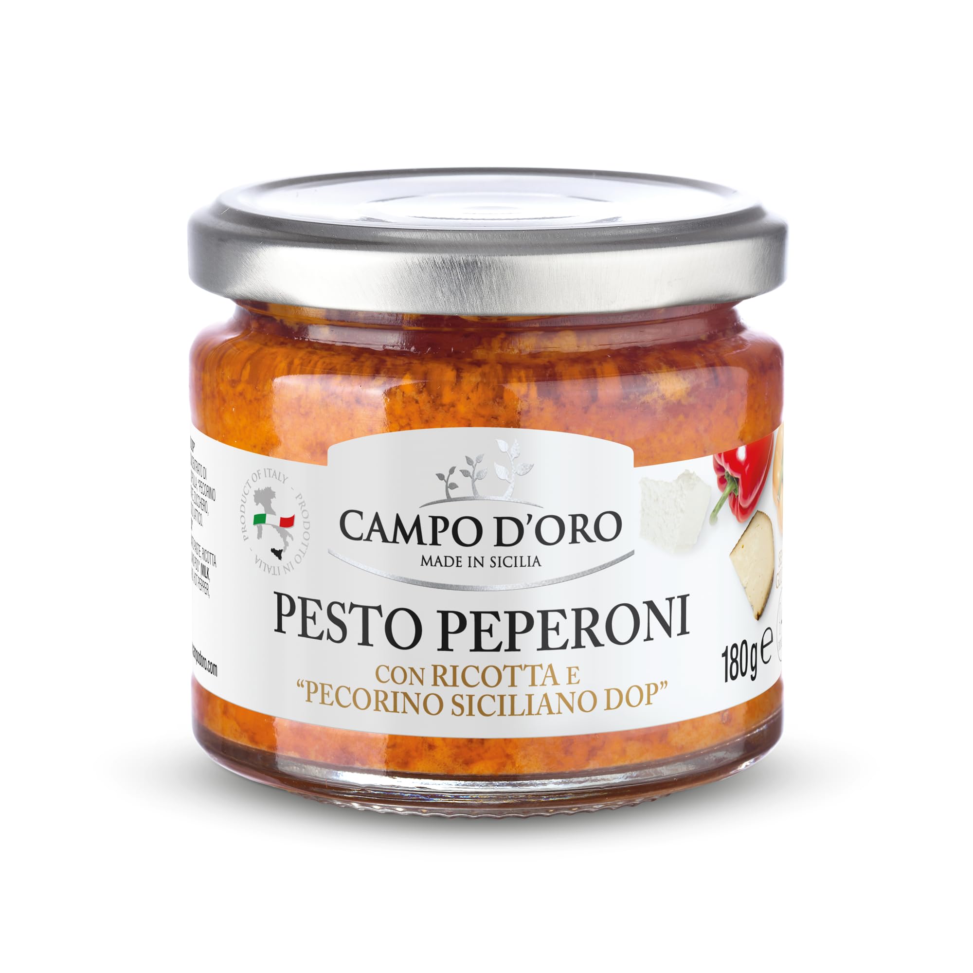 CAMPO D'ORO Sicilian Pepper Pesto in jar with ricotta and Pecorino for rich flavor.