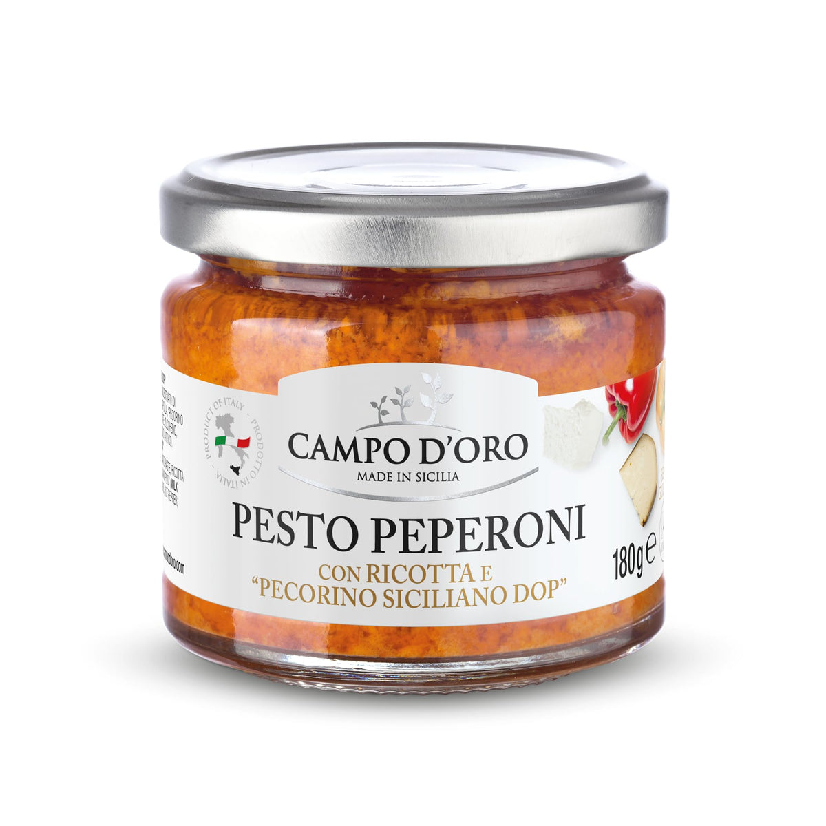 CAMPO D'ORO Sicilian Pepper Pesto in jar with ricotta and Pecorino for rich flavor.
