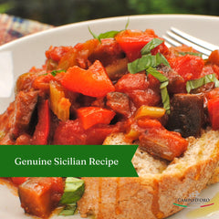 Campo D'Oro caponata on bruschetta, a quick savory starter.