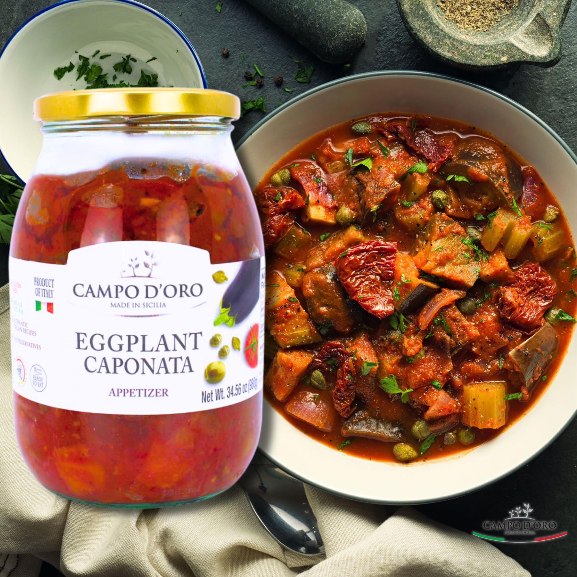 Campo D'Oro caponata served with pasta adds depth to meals.