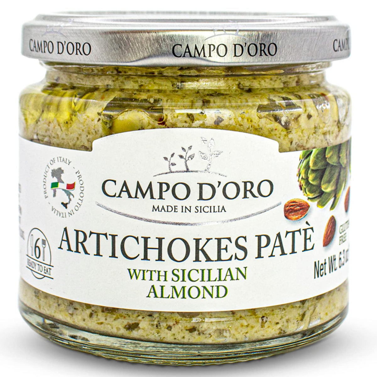 CAMPO D'ORO creamy artichoke dip jar shows smooth texture for versatile snacking.
