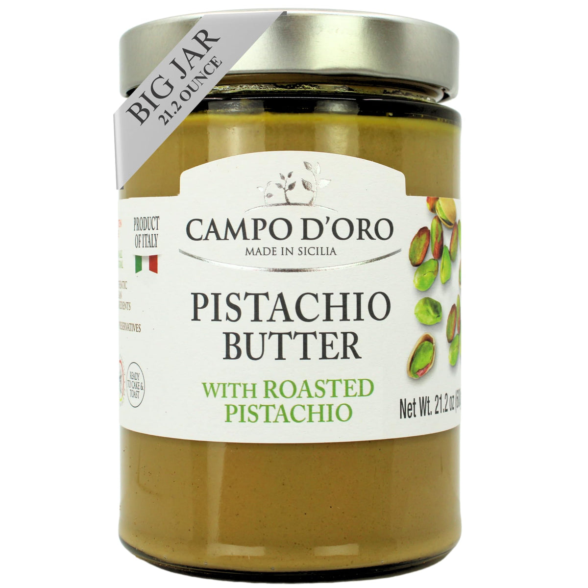 Campo D'Oro Italian pistachio butter cream in a large jar for desserts.
