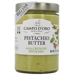 Campo D'Oro Pistachio Butter Sweet Cream jar closeup showing rich, nutty texture.