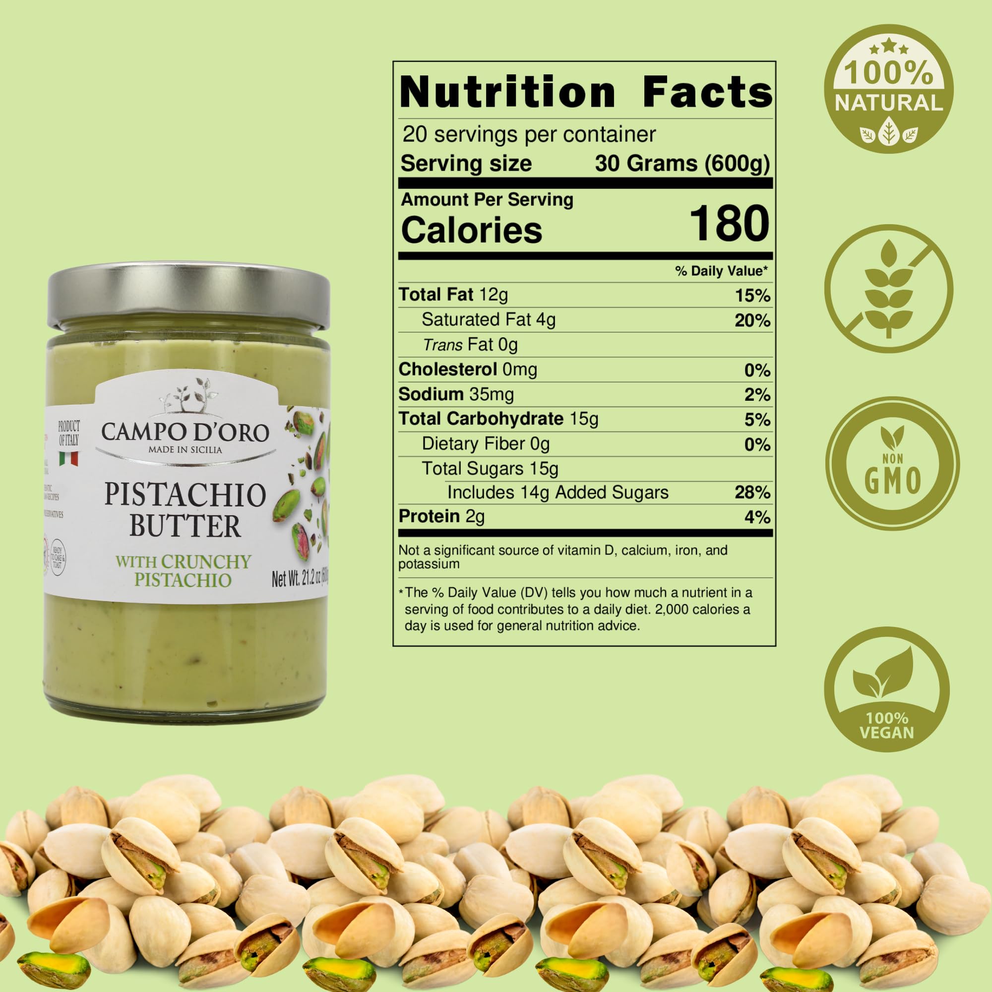 Campo D'Oro Pistachio Butter Sweet Cream displayed in a pantry for premium flavors.