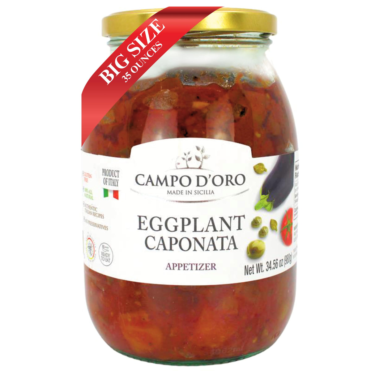 Campo D'Oro Sicilian caponata jar front view, ideal antipasto for entertaining.