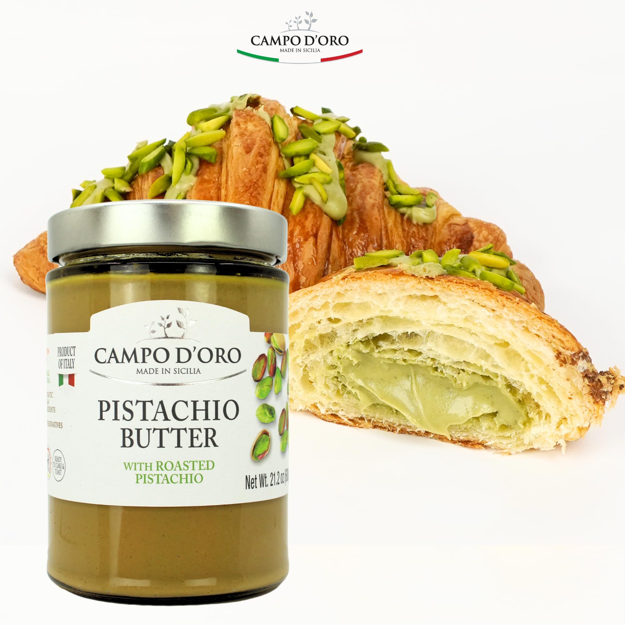 Campo D'Oro pistachio spread packaging highlighting premium ingredients.