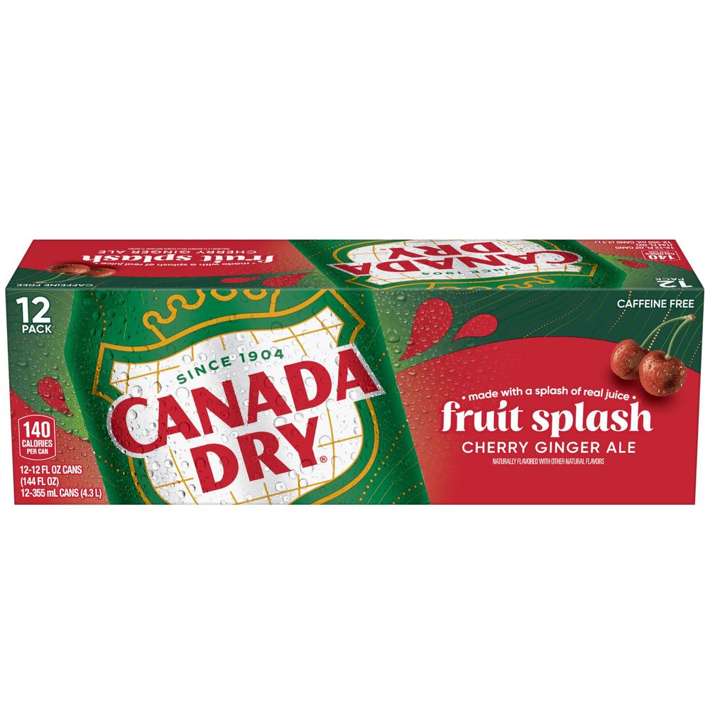 Bright Canada Dry label on Cherry Ginger Ale highlighting real juice