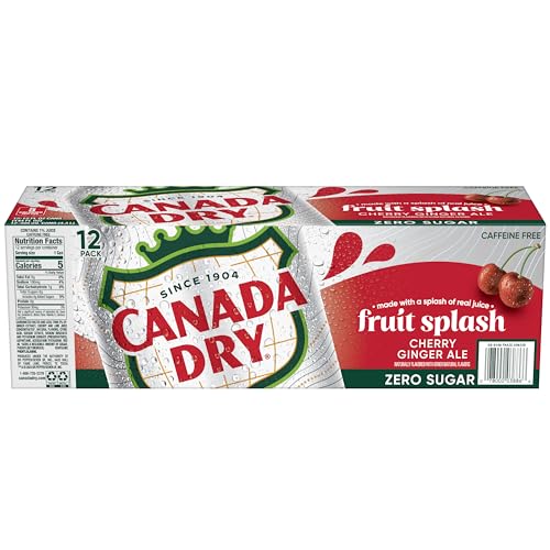 Canada Dry Fruit Splash Cherry Gingerale twelve-pack display on a bright counter.