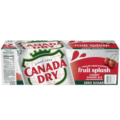 Canada Dry Fruit Splash Cherry Gingerale twelve-pack display on a bright counter.