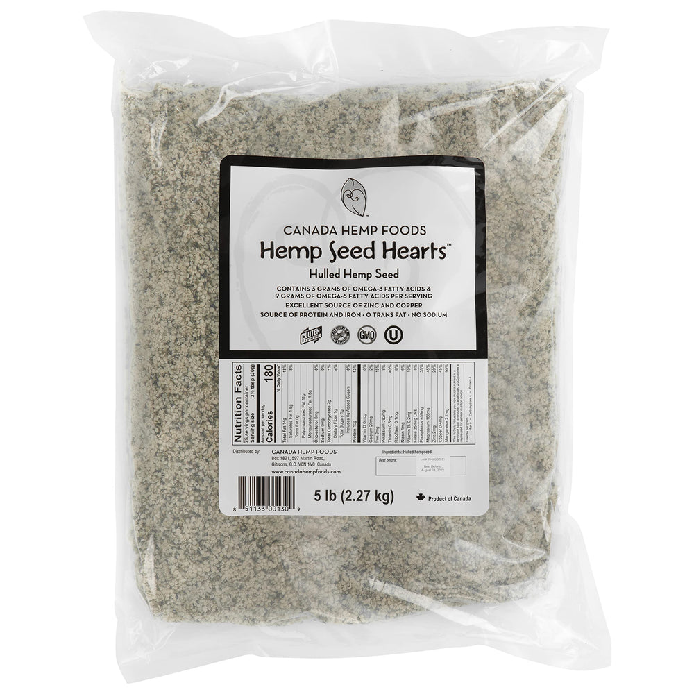 Canada Hemp Foods hemp seed hearts bag front highlights vegan protein and omega richness.