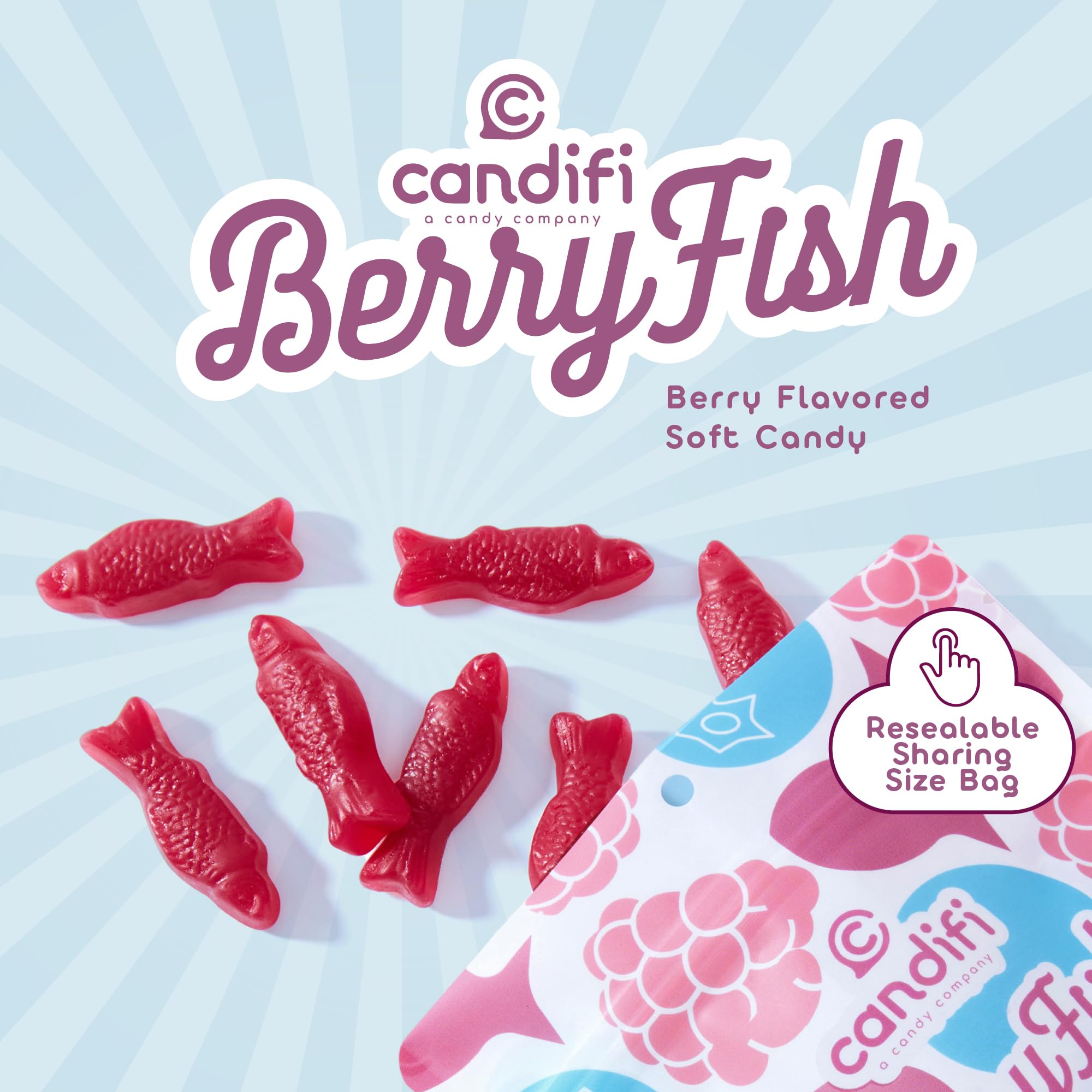 Candifi BerryFish berry-flavor gummies close-up with blueberry and raspberry notes.