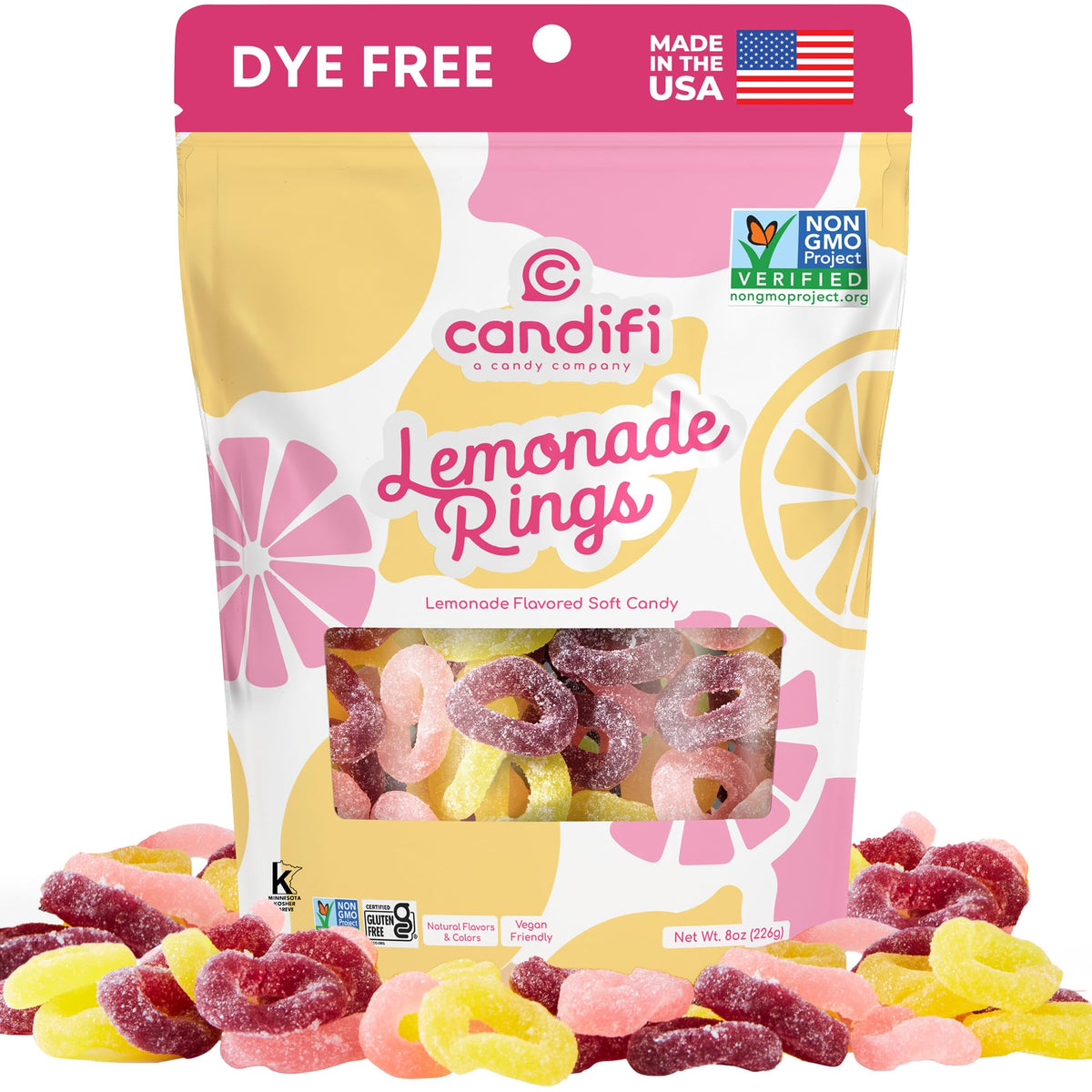 Candifi Lemonade Rings with sour coating, a tangy bite for snack lovers.