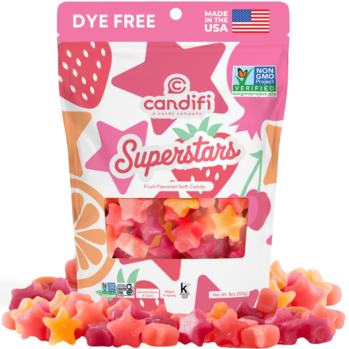 Candifi Superstars gummy stars in a resealable pouch, family-friendly snack