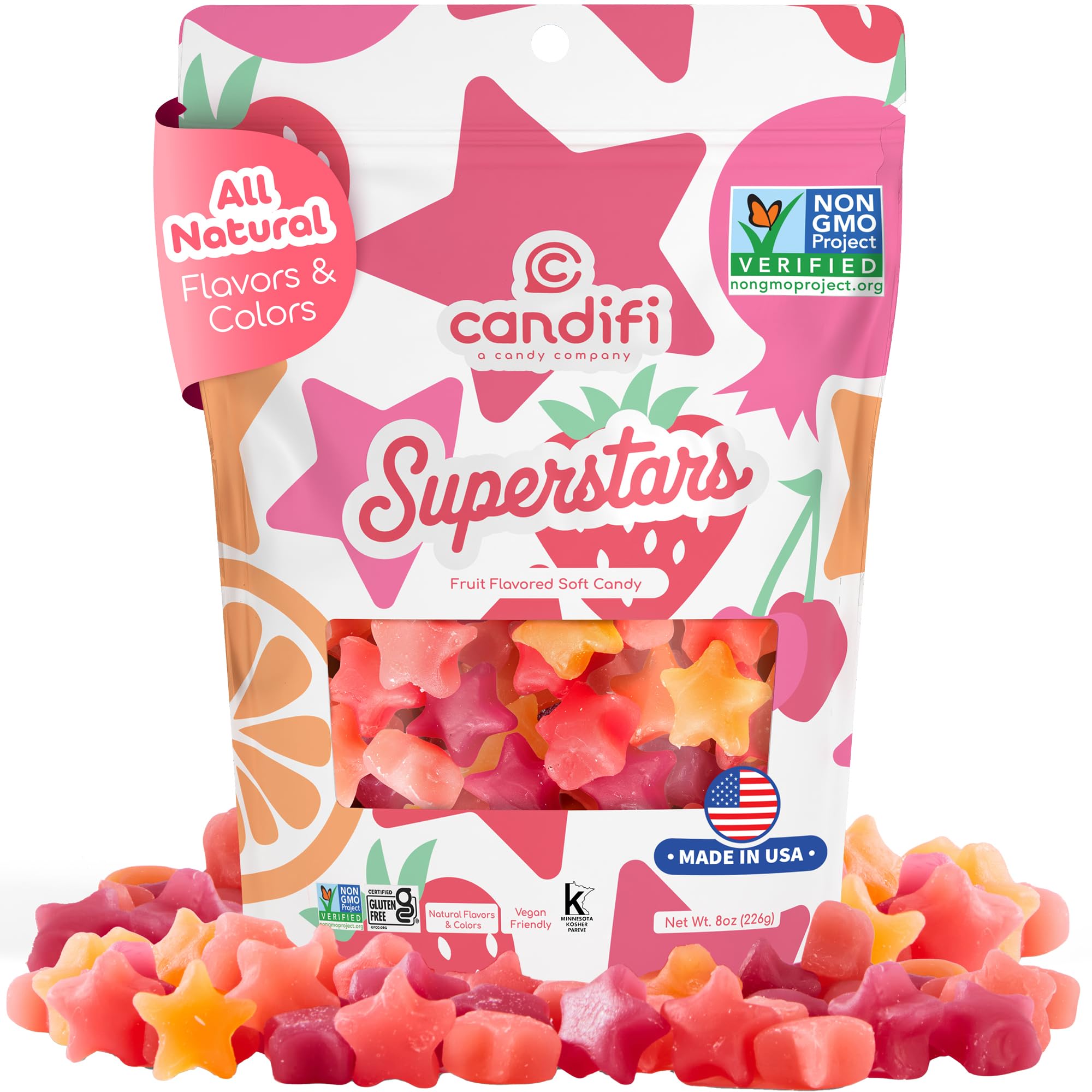 Sealed resealable pouch of Candifi Superstars gummies
