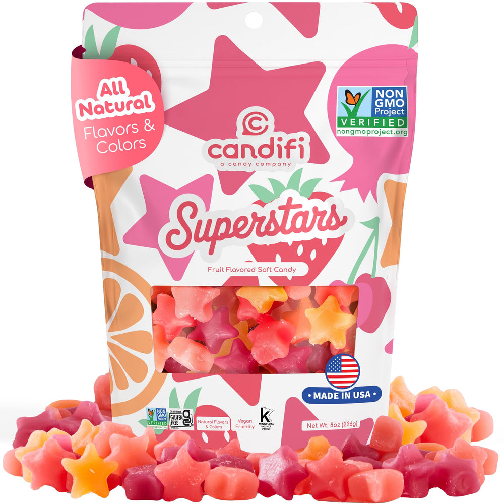 Sealed resealable pouch of Candifi Superstars gummies