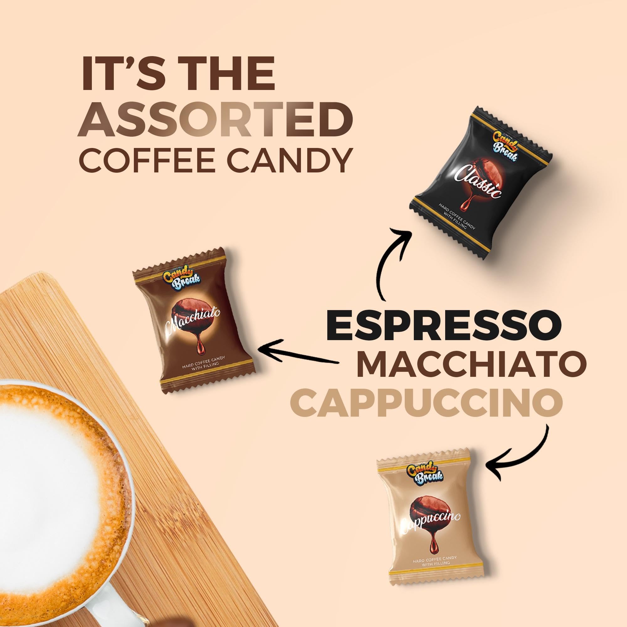 Candy Break Coffee Drops cappuccino bag showcasing creamy center and smooth flavor.