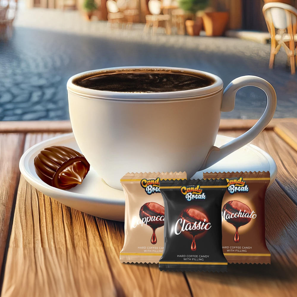 Candy Break Coffee Drops foil-wrapped packs imply portable snacking convenience.