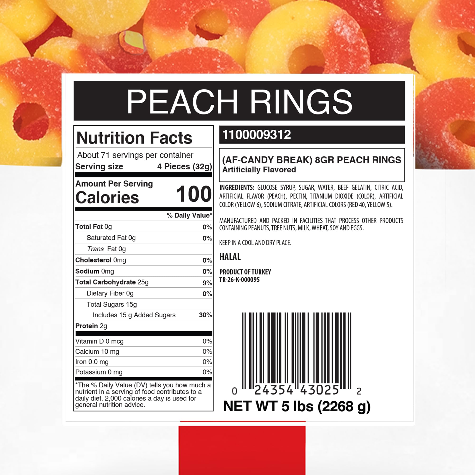 Close-up texture of Candy Break Peach Rings, chewy and flavorful.