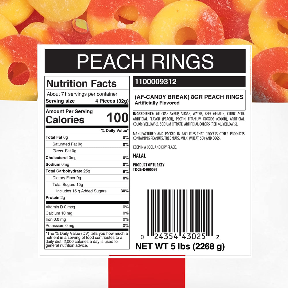 Close-up texture of Candy Break Peach Rings, chewy and flavorful.