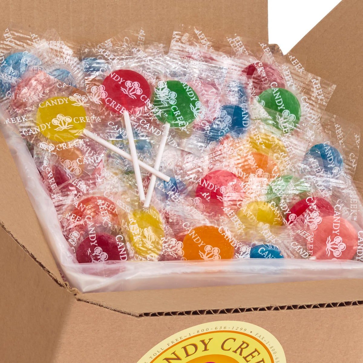 Candy Creek Lollipops variety box front view, ideal for bulk snacks, gatherings, and fundraisers.