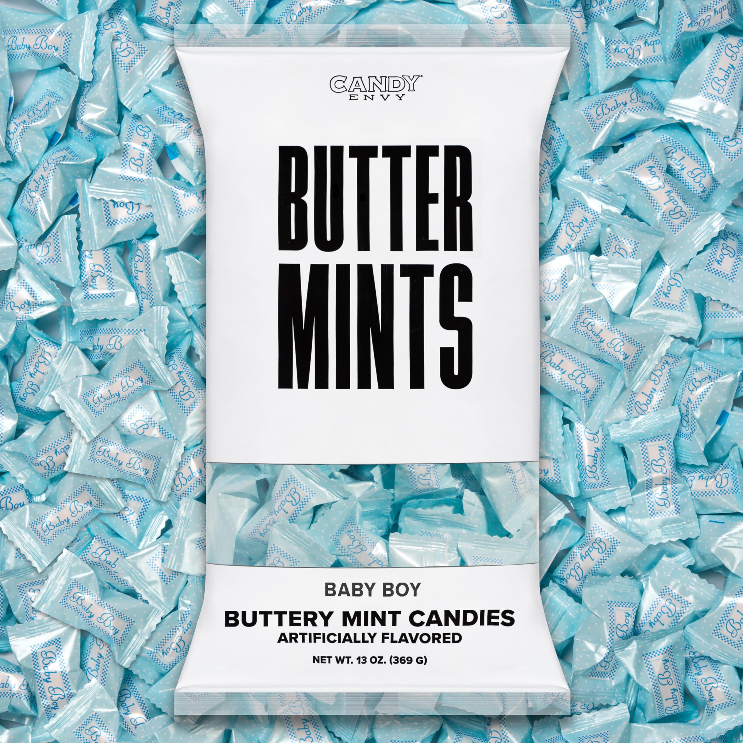 Candy Envy Baby Boy Buttermints 13oz bag, smooth melt for baby shower favors.
