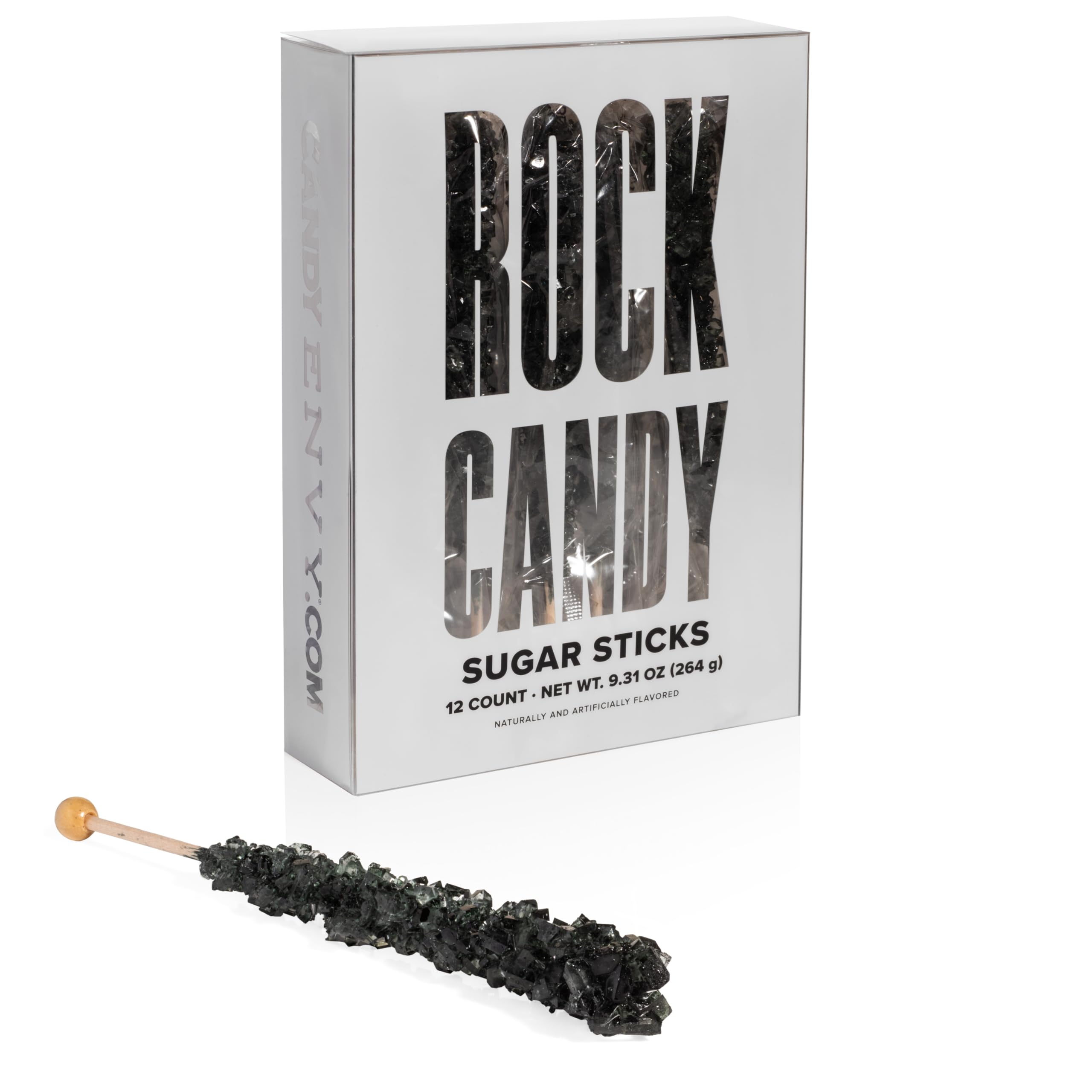 Candy Envy Black Rock Candy Stick wrapper detail, perfect for elegant party favors.