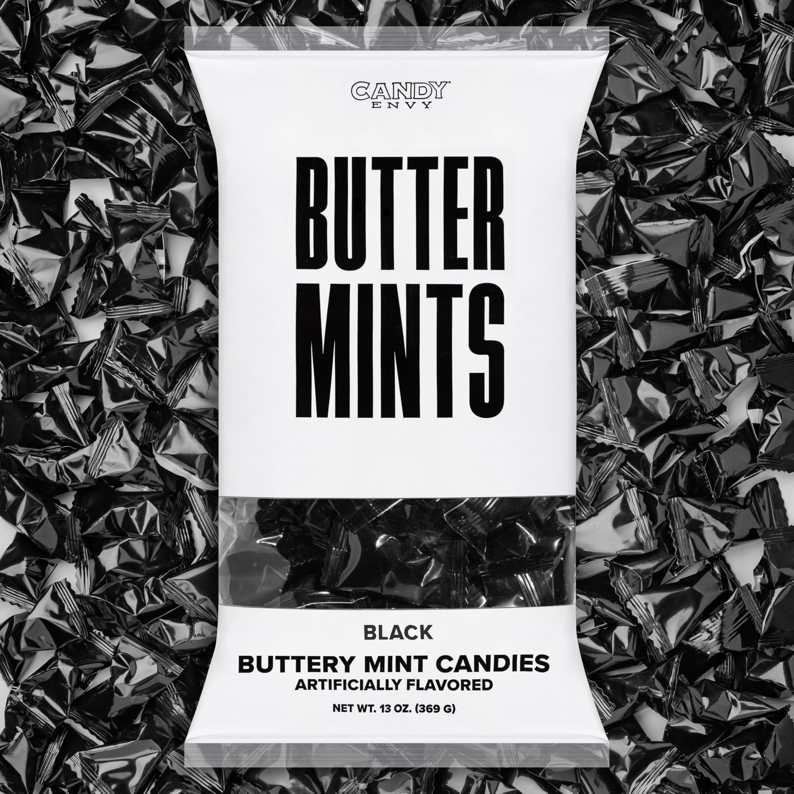 Candy Envy black-wrapped buttermints front view in a 13 oz bag