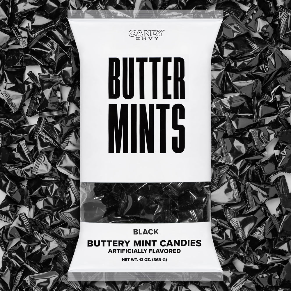 Candy Envy black-wrapped buttermints front view in a 13 oz bag