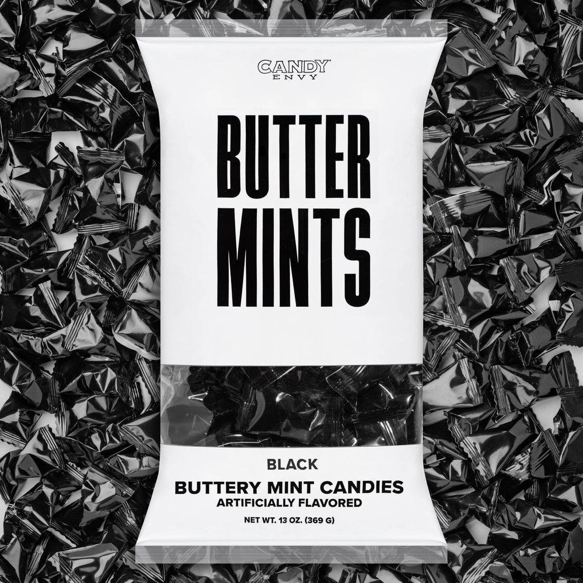Candy Envy black-wrapped buttermints front view in a 13 oz bag