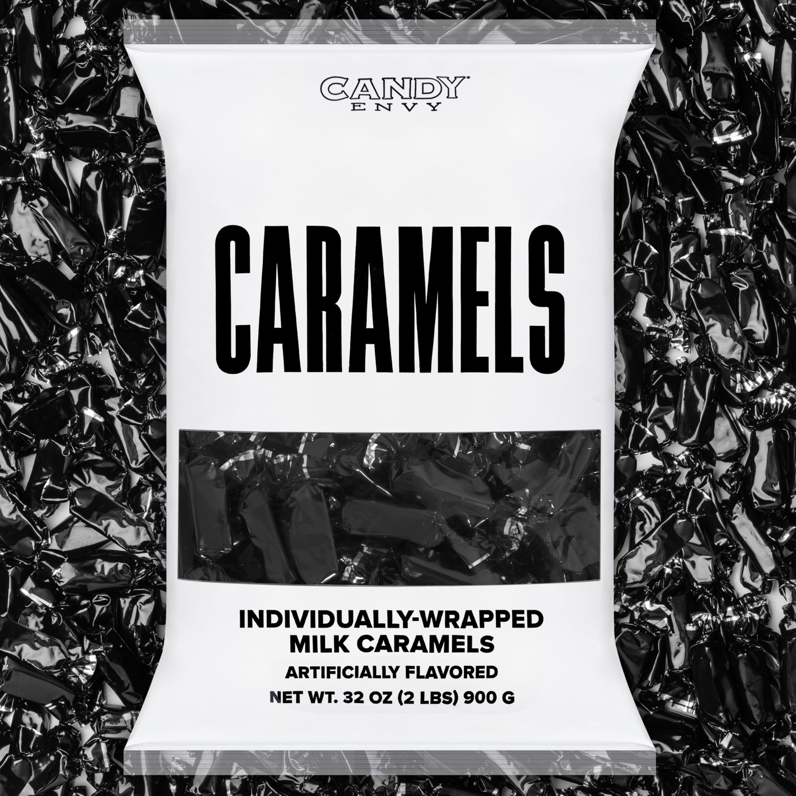 Candy Envy caramels with black wrappers displayed for gifting
