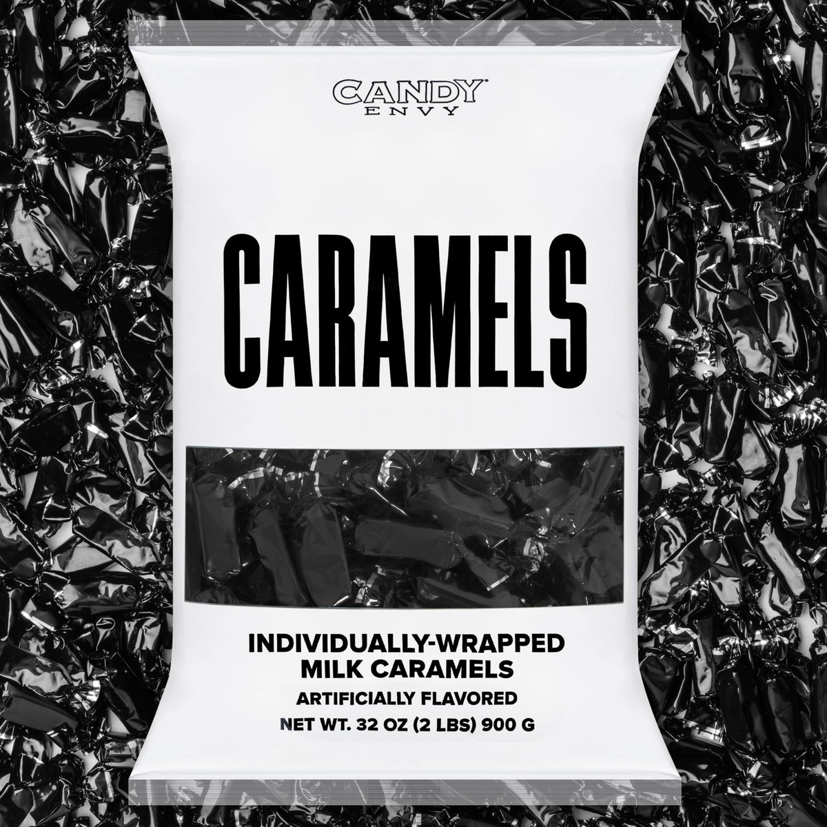 Candy Envy caramels with black wrappers displayed for gifting