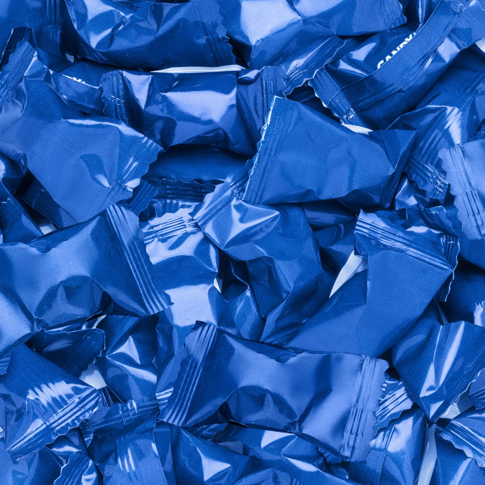 Candy Envy blue-wrapped buttermints foil-detail shows premium presentation