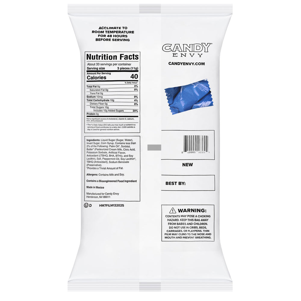 Candy Envy blue-wrapped buttermints pack shot highlights blue foil wrappers