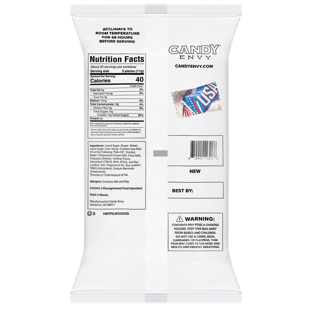 Candy Envy buttermints with patriotic wrappers close-up, perfect for festive wedding receptions.