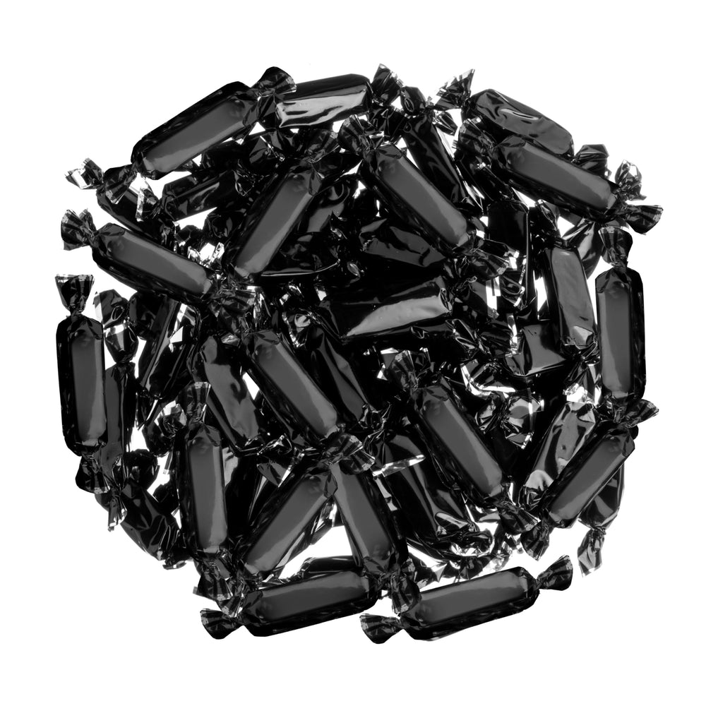 Candy Envy party bowl display featuring black-wrapped caramels